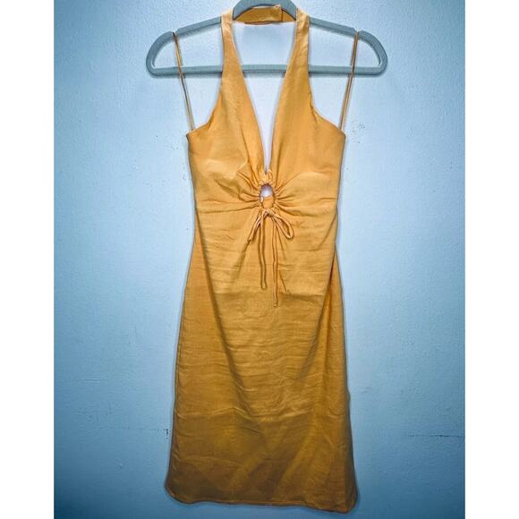 Zara Mustard Yellow Halter V-Neck Sun Dress O-Ring Cutout Front Open Back Small - Picture 3 of 15